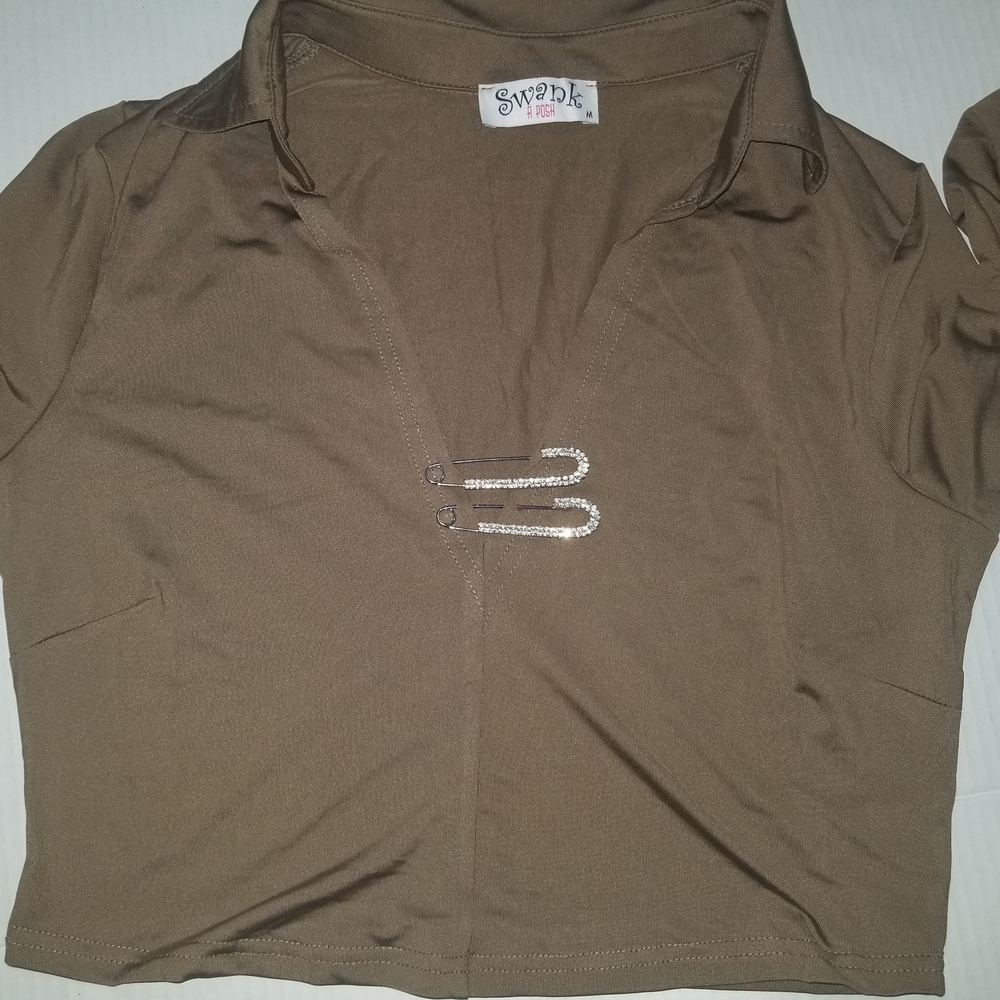 NWT Brown Women's Top With Large Bling Safety Pins On Front